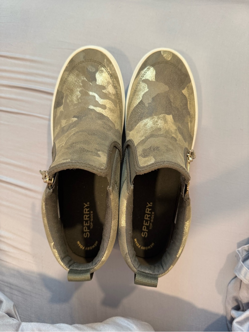 Sperry Metallic Olive Green Camo Slip-On Sneakers